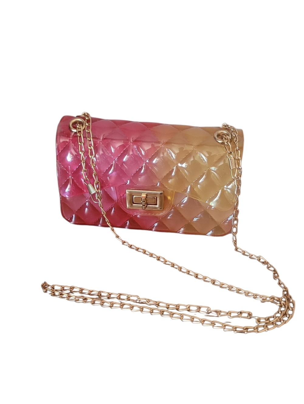 Gradient Pink to Yellow Quilted Jelly Crossbody Bag with Gold Chain Beach Ombre